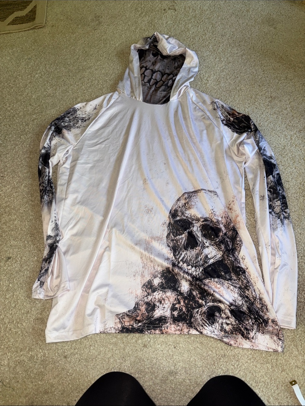 Men's White Skull-Print Hooded Long-Sleeve Shirt